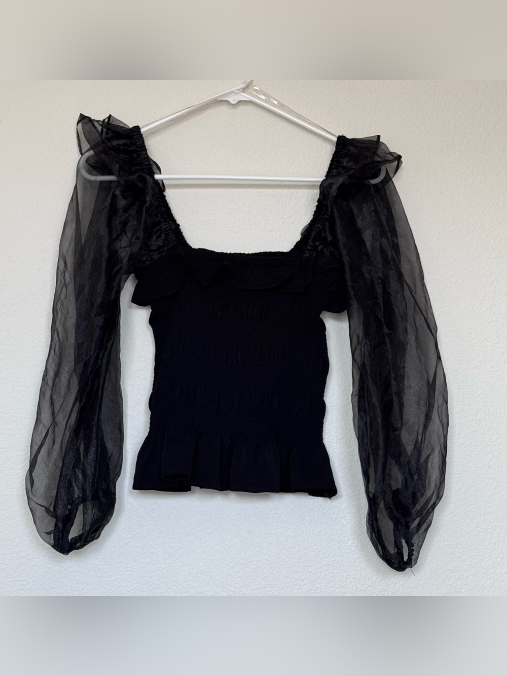 DO+BE Black Smocked Statement Top with Sheer Organza Balloon Sleeves S